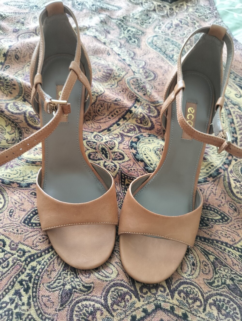 ECCO Women's 39/8-8.5 Shape 65 Tan Leather T-Strap Heeled Sandals - Picture 5 of 11